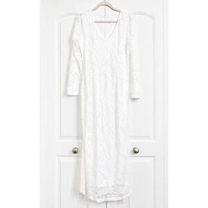 White Lace Maxi Dress NWT Long Sleeve V-Neck Lined Size L no brand